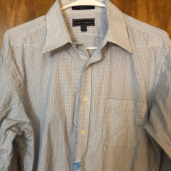 Paul Fredrick white blue checked 100% cotton long - Picture 1 of 6